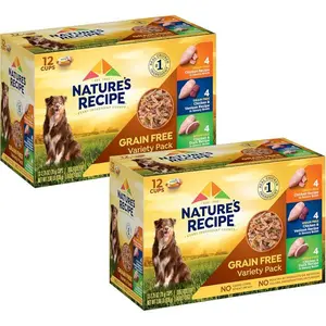 Nature’s Recipe Grain Free Chicken Recipe, Chicken & Venison Recipe and Chicken & Duck Recipe in Savory Broth Variety Pack Wet Dog Food, 12-2.75 oz. Cups, 2 Count