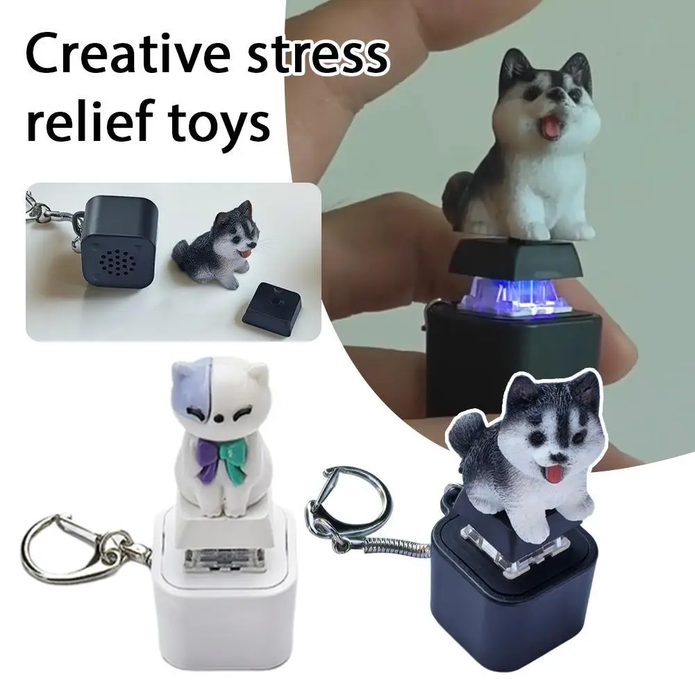 Cat Keychain USB-C Rechargeable with Sound Effects Press-button Colorful LED Lights Tactile Click Mechanism Portable Fidget Toy