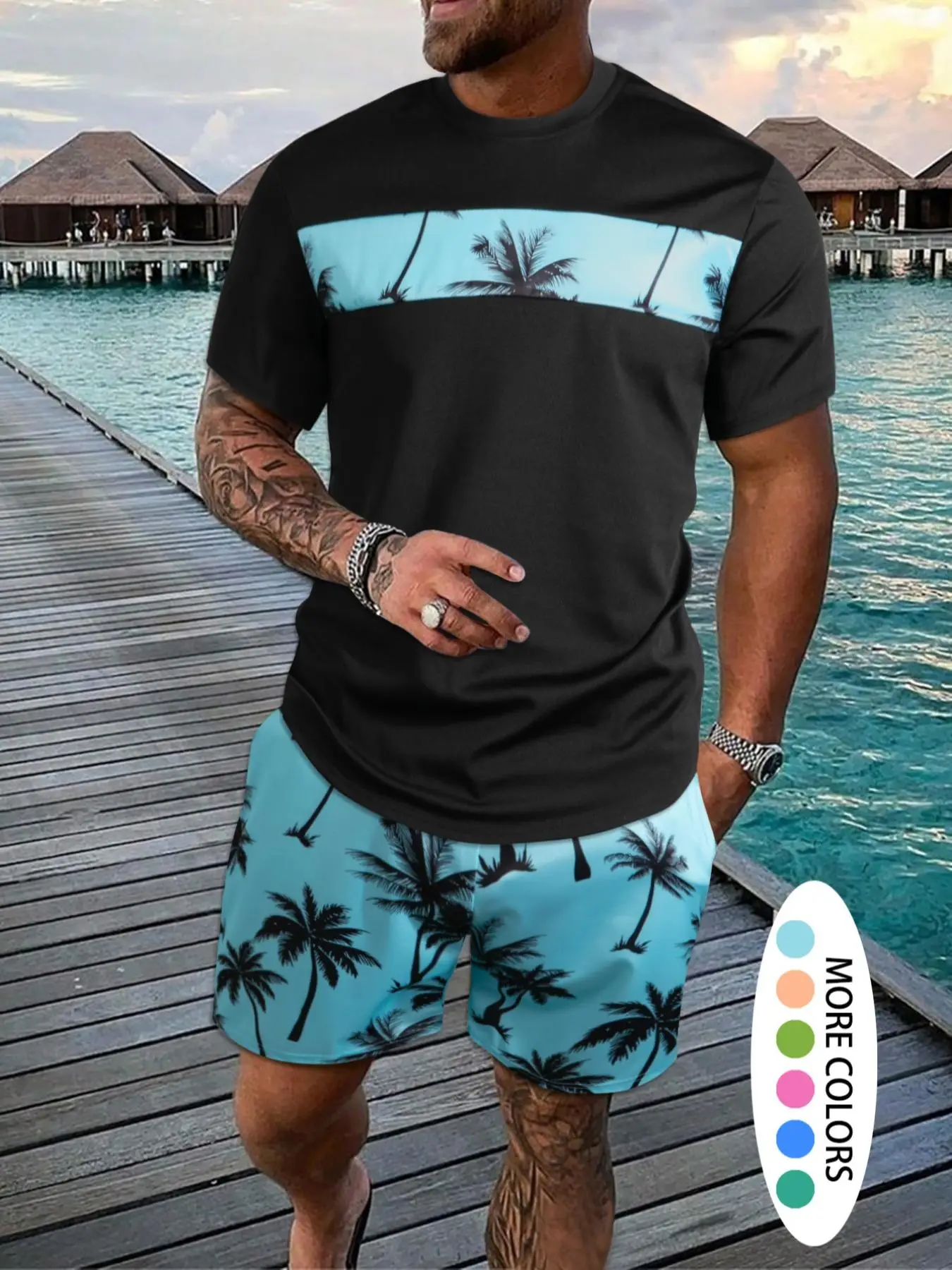 Men's Coconut Print Tee & Shorts Suits Set, Short Sleeve T-shirt Tops & Shorts Set, Men Outfits for Beach Vacation Formal Wear, Summer Outfits, Menswe