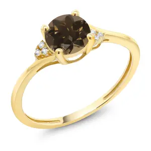 Gem Stone King 10K Yellow Gold Brown Smoky Quartz and Diamond Accent Engagement Ring | 0.85 Cttw | 6MM Round | Wedding Anniversary Promise Ring For Women