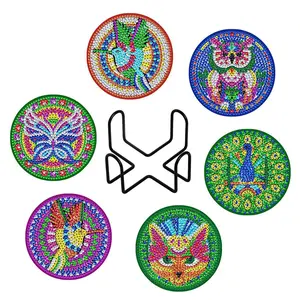 Diamond Painting Coasters Kits, 6 Pcs Art Coasters with Holder, Crafts Kits for DIY Coasters, Diamond Art Kits for Adults Dinnerware Animal Theme