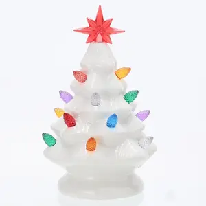 Ceramic Christmas Tree, 7 inch, LED Light Up, White Pre-Lit Taletop Holiday Decoration