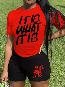 Women's 2 Counts Letter Print Co-ords Set, Trendy Short Sleeve Tee & Skinny Shorts, Women's Summer Outfits for Daily Wear, Womenswear, Shortsleeve