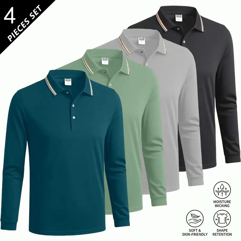 Men’s solid-color polo shirt with a turn-down collar and long sleeves, made from comfortable, breathable fabric—suitable for sports, fitness, gym, and golf. Regular fit, machine washable, ideal for everyday wear, available in multiple colors.