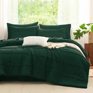 Queen Comforter Set Emerald Green, 7 Pieces Soft Pleat Bed in a Bag Queen Comforter Set with Sheets, Boho Bed Set with Down Alternative Comforter, Sheets, Pillowcases & Shams