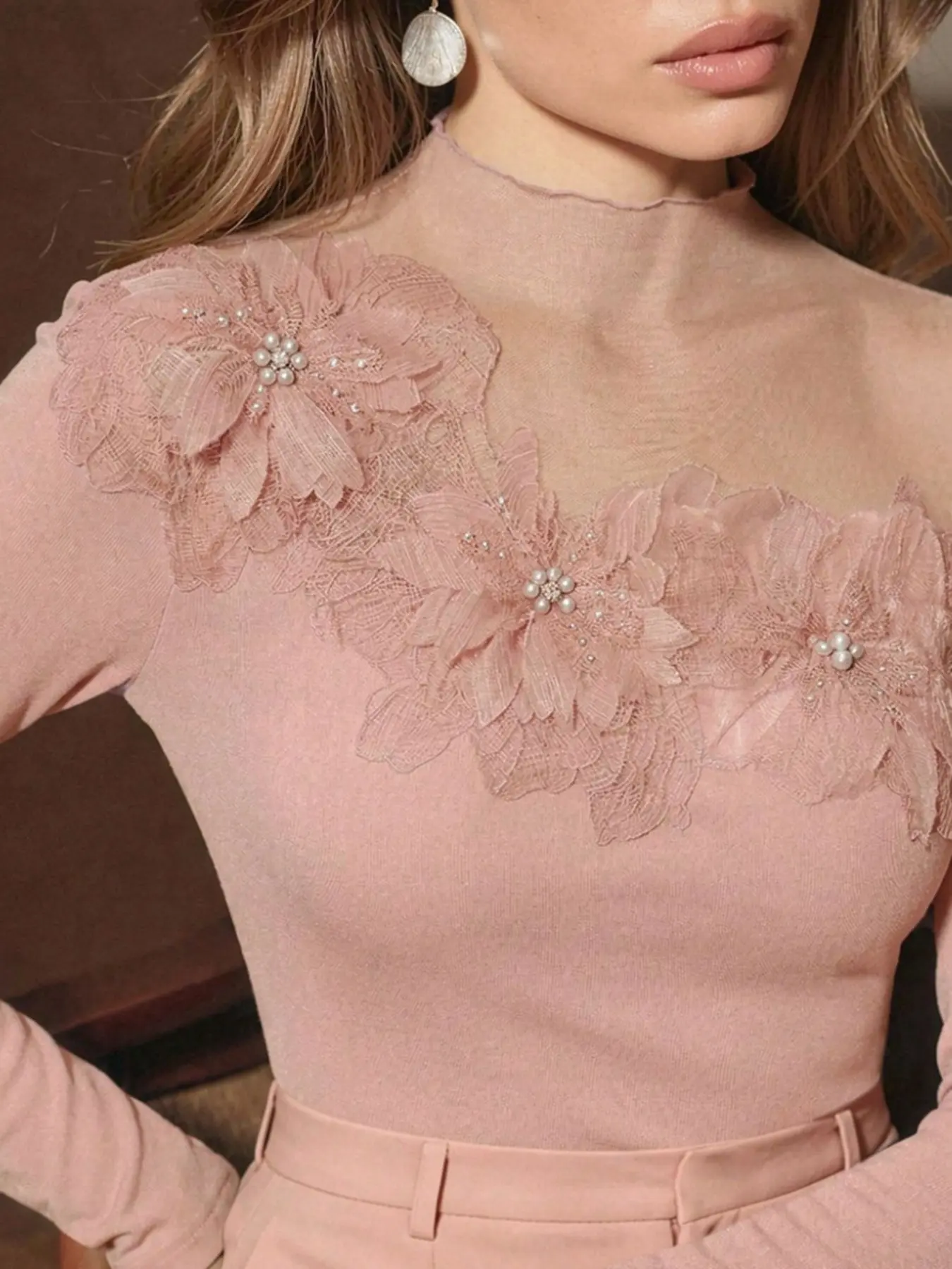 Women's Spring, Luxury Sheer Mesh Patchwork T-Shirt Top With 3D Faux Pearl Flower Design, Suitable For Dates, Vacations, Going Out, Long Sleeve Green T-Shirt For Parties, Dates, Vacations, Outings, Work, Womenswear