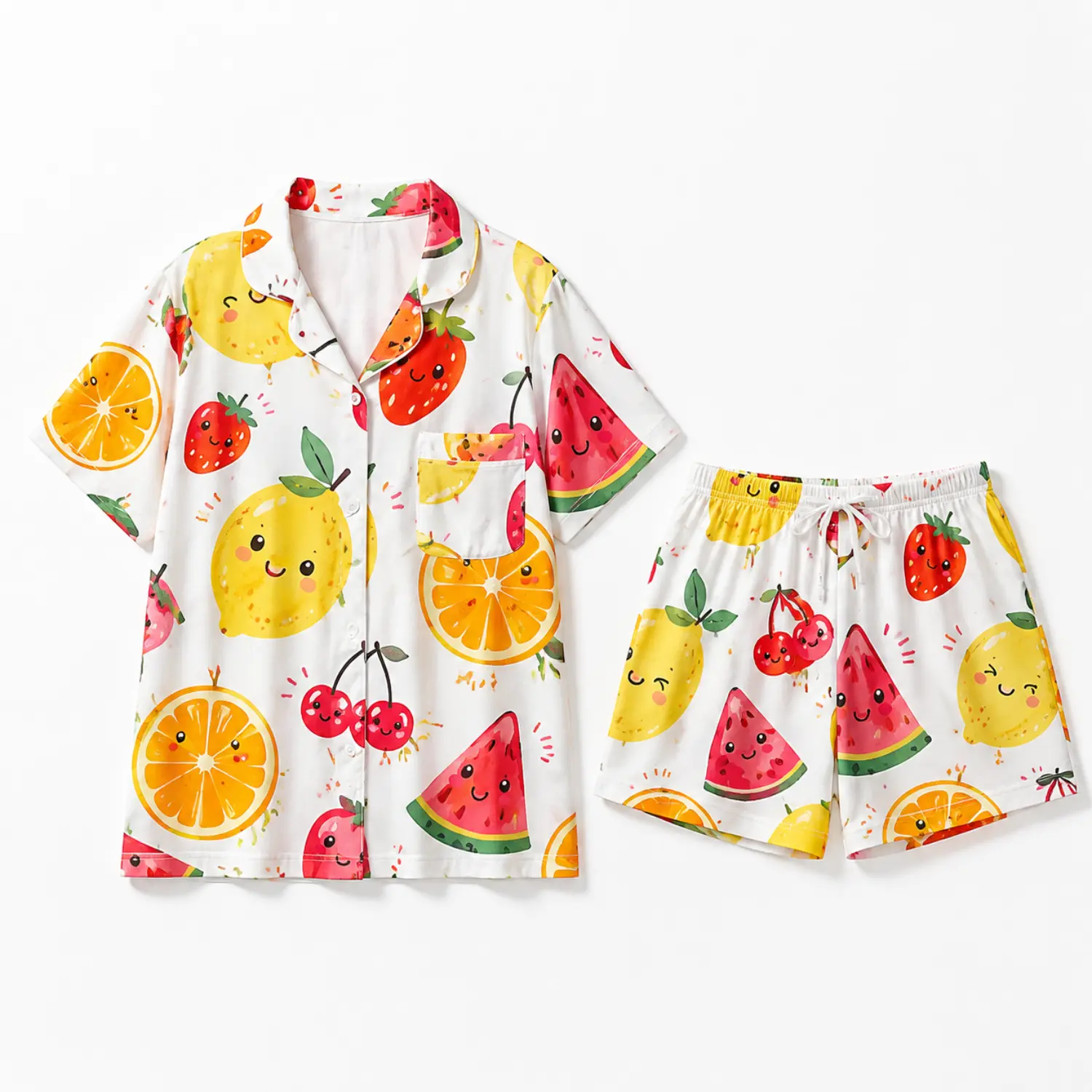 White Cartoon Fruit Print Pajama Set, Short-Sleeve Button-Front Collared Shirt with Pocket and Drawstring Sleep Shorts, 2-Piece