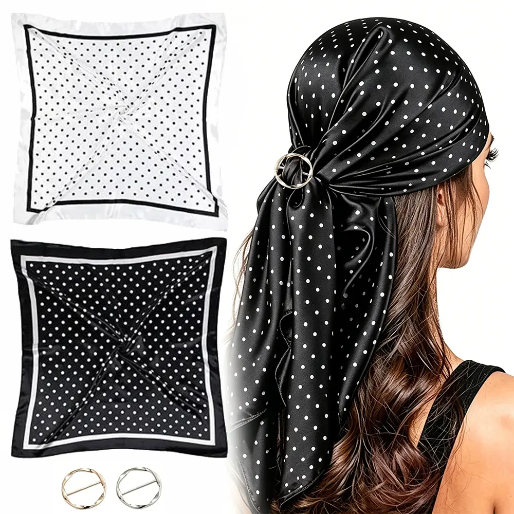 2 Pieces 35 Inch Polka Dot Scarf Square Head Scarf Silk Bandana for Women, Fashion Satin Head Scarf for Hair Wrapping and Sleeping Super Soft Classic Hair Accessories