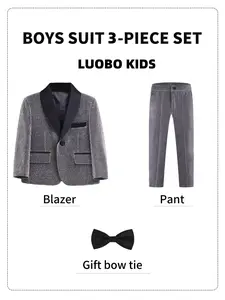 【 LUOBOKIDS 】 Boys' solid color suit set with bow and lapel, long sleeved Formal Blazer party outfit, perfect choice for weddings and events, boys' dance competition outfit (excluding) Outfit Sets--24219