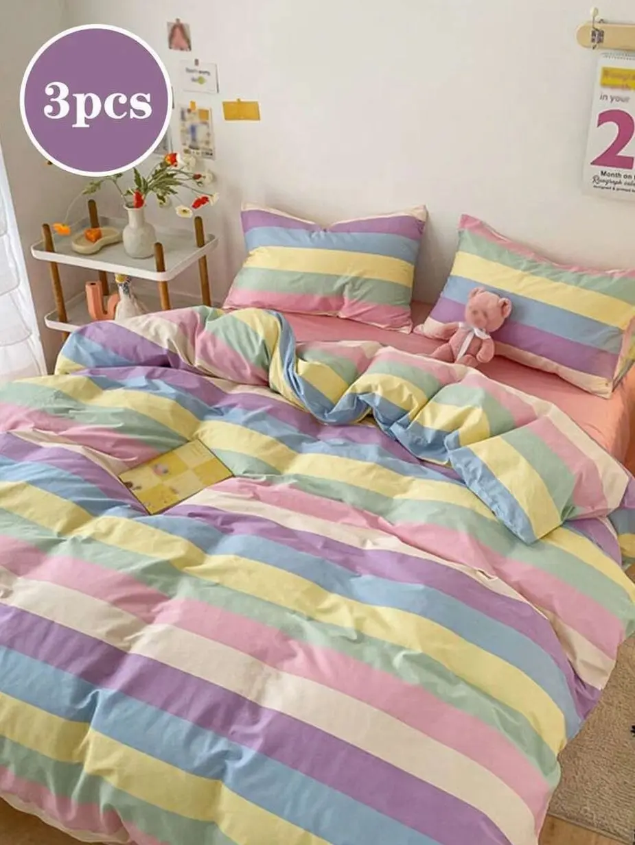 3PCS Rainbow Plaid Duvet Cover Set, Soft Striped Bedding, Cozy Microfiber Quilt Cover with Pillowcases, No Insert, Dorm Bedroom Decor