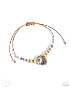 Break the SHELL - Multi White Stone Beads, Yellow Seed Beads, Silver Studs, Silver Textured Discs, Multicolor Clay Discs and a Conch Shell threaded on Brown Corded Anklet