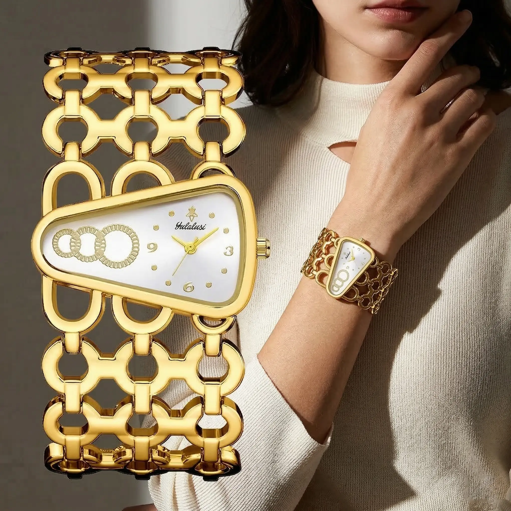Women's Vintage Old Money Aesthetic Gold Watch - Asymmetric Shape Statement Piece, Chunky Metal Strap, Unique Triangle Dial Female Wear Gift-Worthy Fashion Timepiece