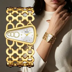 Vintage Old Money Aesthetic Women's Gold Watch - Unique Asymmetrical Triangle Dial Chunky Chain Link Bracelet Statement Jewelry Timepiece Perfect Gift for Her