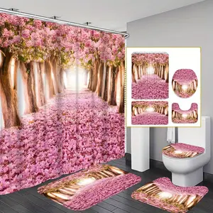 Floral Pattern Bathroom Decorations, 4 Counts/set Including Shower Curtain & Toilet Lid Cover & Mat & U-shaped Mat, Bathroom Accessories