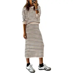 PrettyGarden 2 Piece Skirts Sets For Women Fall Fashion Striped Sweater Dress Knit Lounge Travel Outfits Winter Clothing