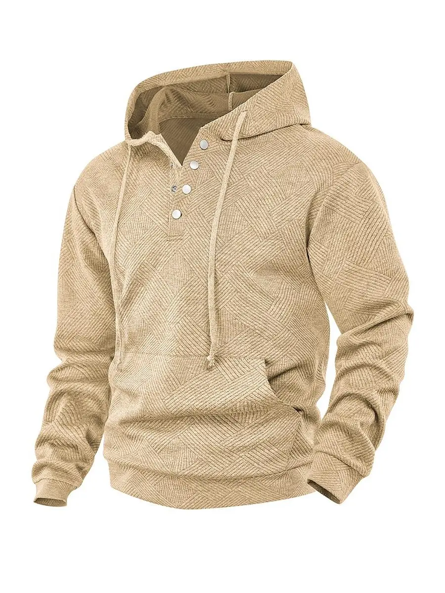 Men's Henley Hooded Pullover Hoodie - Solid Khaki Basic Thin Grid Knit Business Sweatshirt, Diagonal Waffle Fabric, Half-Button Collar, Soft Anti-Pilling Minimalist Quiet Luxury, Kangaroo Pocket for Mature Gentlemen - Spring Fall Daily Commute, Outdoors,