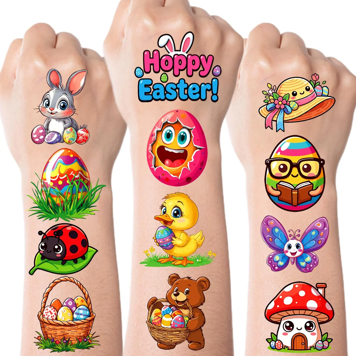 95 PCS Easter Basket Stuffers, Temporary Tattoos for Kids, Spring Egg Fillers, Cute Bunny Stickers, Easter Party Favors Toys Toddler Teens Boys, Peel Off Tattoo, Waterproof Temporary Tattoos