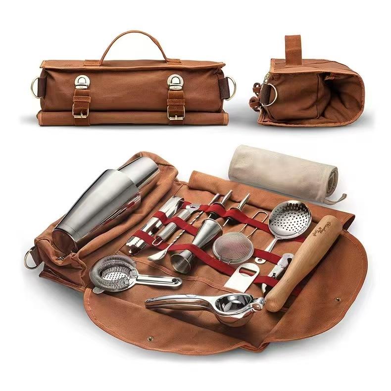 Canvas Roll Up Bar Utensils Bag, Portable Bartender Gift for Men, Cocktail Shaker Set Storage for Home Mixology & Outdoor Camping Parties (Tools Not Included)