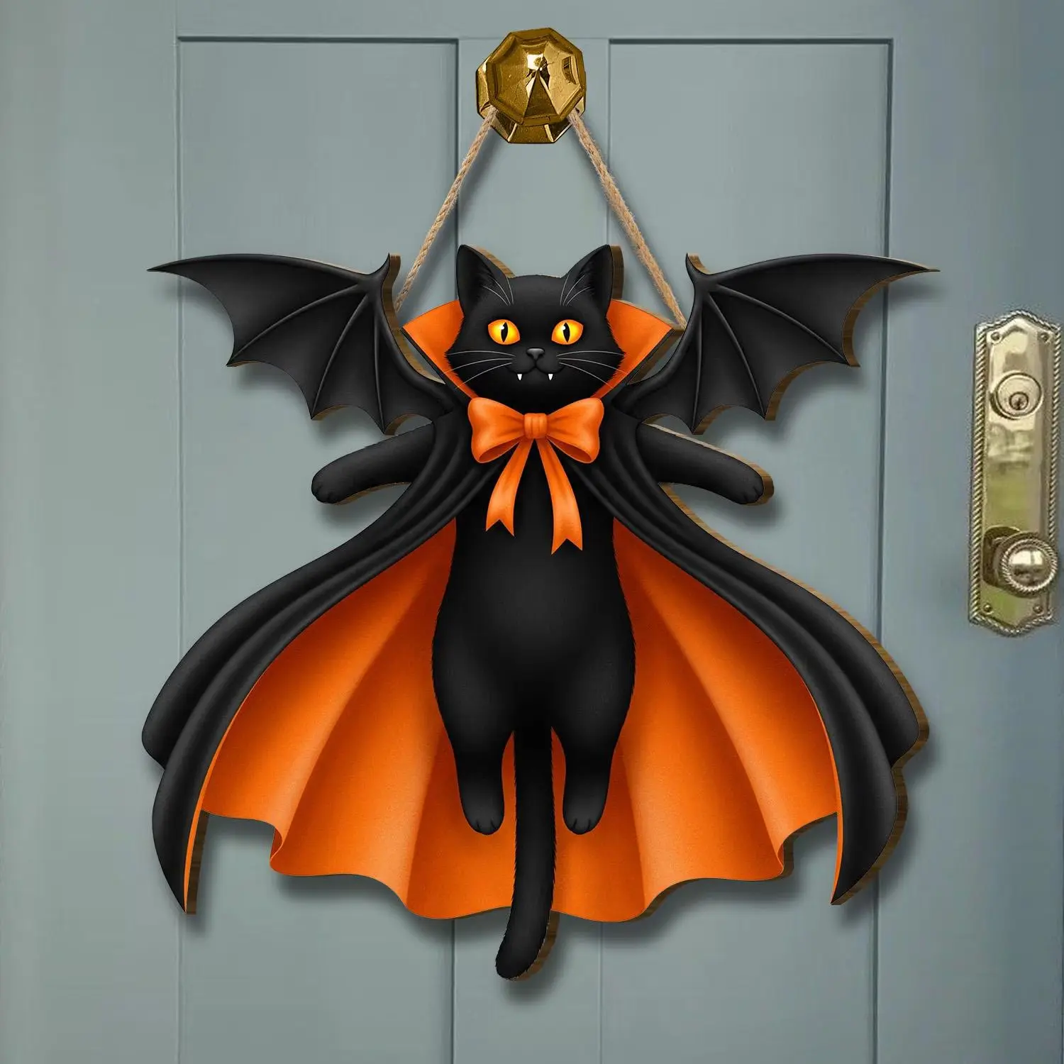 Vampire Black Cat Printed Wooden Door Sign, Halloween Bat Wing Cat Door Hanger, Orange Cape Front Door Decor, Cute Spooky Porch Wall Decoration