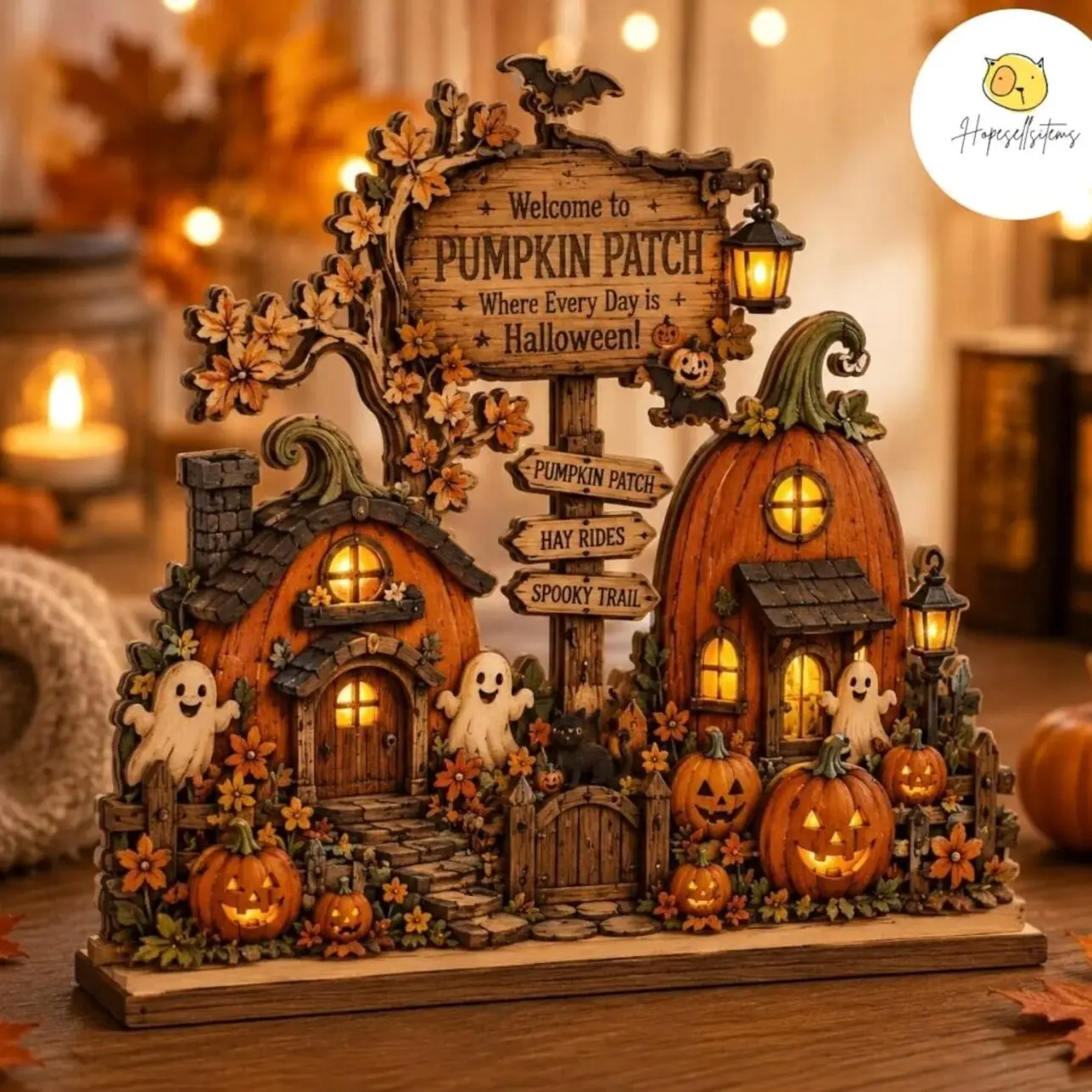 Halloween Pumpkin Patch Wooden Block Decor 2026, Spooky Village Display, Illuminated Autumn Sign, Wooden Jack-O'-Lantern Scene