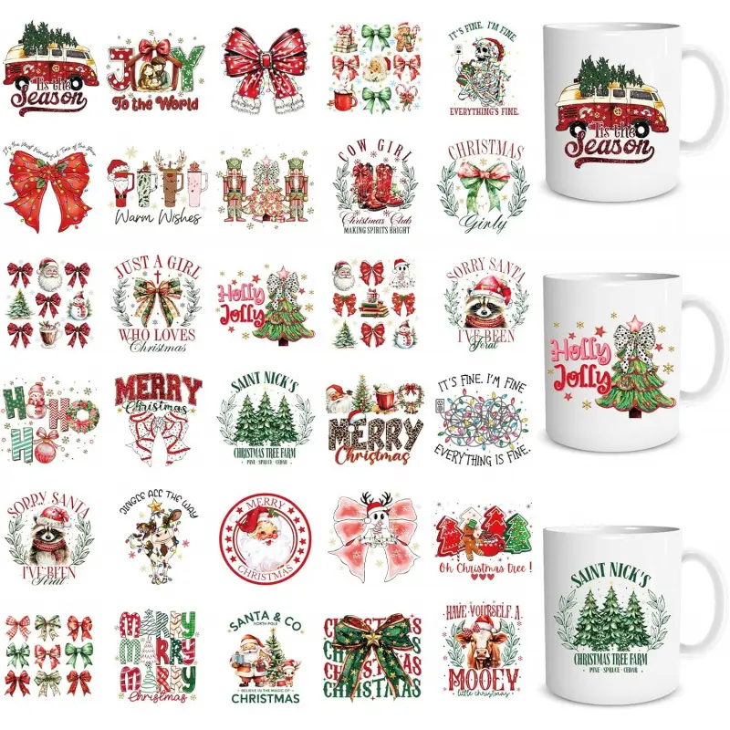 Christmas UV DTF Stickers - 30 Pcs Christmas Bow UV DTF Cup Wraps for 16 oz Xmas Red Green Waterproof UVDTF Transfer Decals for Glasses Cups Mug DIY Crafts