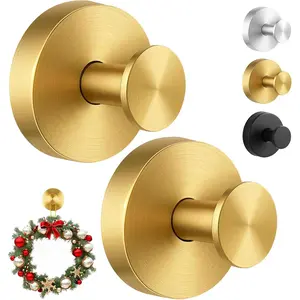 Suction Cup Hooks for Wreaths, Removable Towel Hooks for Bathrooms, Kitchen, Glass, Window & Tile, Wreath Hangers for Front Doors, Christmas Decorations, No Drill Required - 2 Pack, Gold