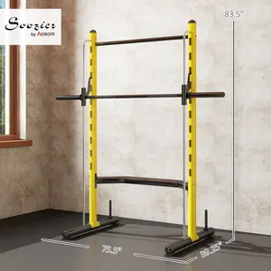 Yellow Multi-Function Squat Rack 75.5*39.25*83.5 in Steel Frame, 264 lbs Capacity| 10-Level Height Adjustable| Includes Pull-Up Bar & 75.5 in Barbell| Compatible with 1"/2" Plates| Home/Office/Gym Use
