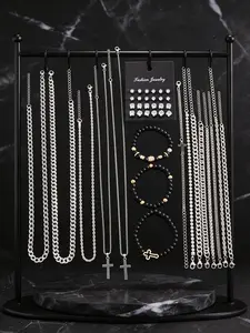 Men's Stainless Steel Jewelry Set, Geometric Pattern Cross Necklace Bracelet Earrings, Casual Daily Wear Accessories
