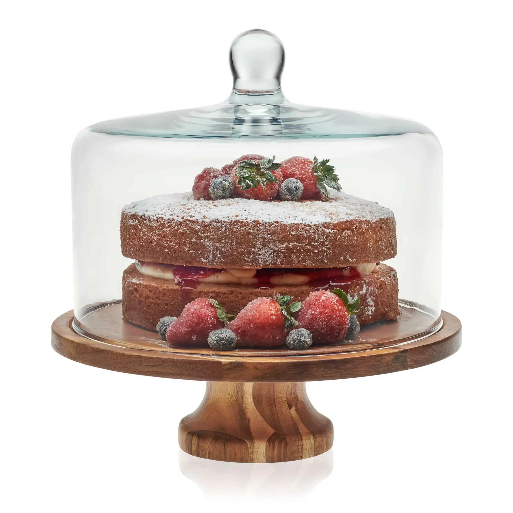 Libbey Acacia Wood Cake Stand with Glass Dome Lid, Footed Server