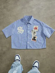Unisex Blue & White Plaid Patch Print Graphic Cropped Short Sleeve Casual Shirt | Y2K Preppy Dark Aesthetic Streetwear Blouse