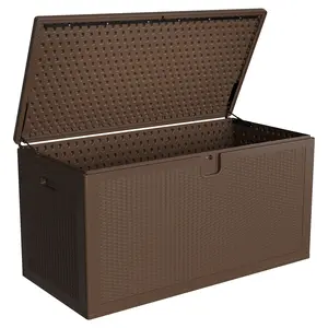 Large 150 Gallon Resin Storage Box, Waterproof Weatherproof Outdoor Deck Box with Lockable Lid – Heavy Duty Container for Patio, Porch, Garden, Backyard or Pool, Brown, Wicker, Organiser