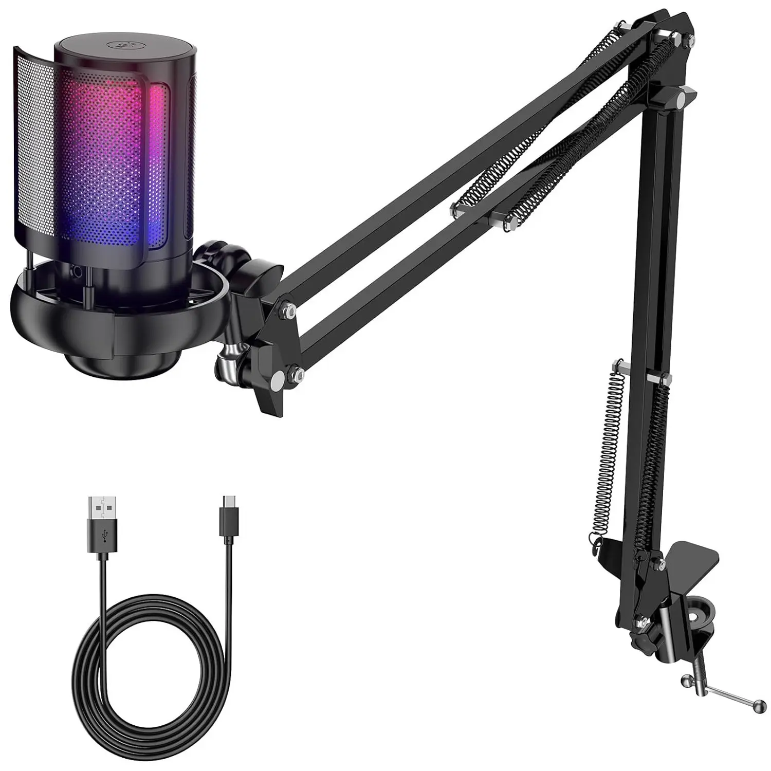 Microphone Boom Arm Stand, Pop Filter Included, Audio Accessory, Steel Construction with Desktop Clamp, Cable Management, Max Load 1.5kg, for Streaming, Podcast, Gaming, Studio Recording, Compatible with Blue Yeti, Shure, Rode