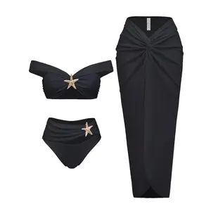 [SUPERSHARK]Women's-elastic Solid Color 3pcs Off-the-shoulder Bikini Swimsuit Set Semi-transparent Sunscreen Skirt Blouse, Seaside