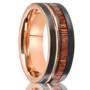 (HANHAI )8MM/6MM Rose Gold Tungsten Steel Ring, Set With Barrel Wood, Couple's Rings, Commitment Ring, Valentine's Day/Anniversary Gift Gold-Plated Striped Couple old money engagement ss wax cluster marquise wedding elongated city halo spoon Icy Emerald C