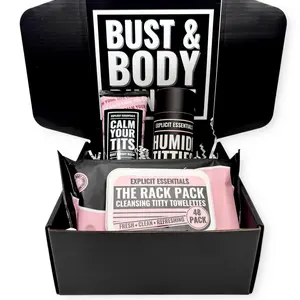 Explicit Essentials Bust & Body Bundle - Calm Your Tits Wash, Rack Pack Titty Towelettes, Humidititties Chafing Powder Set