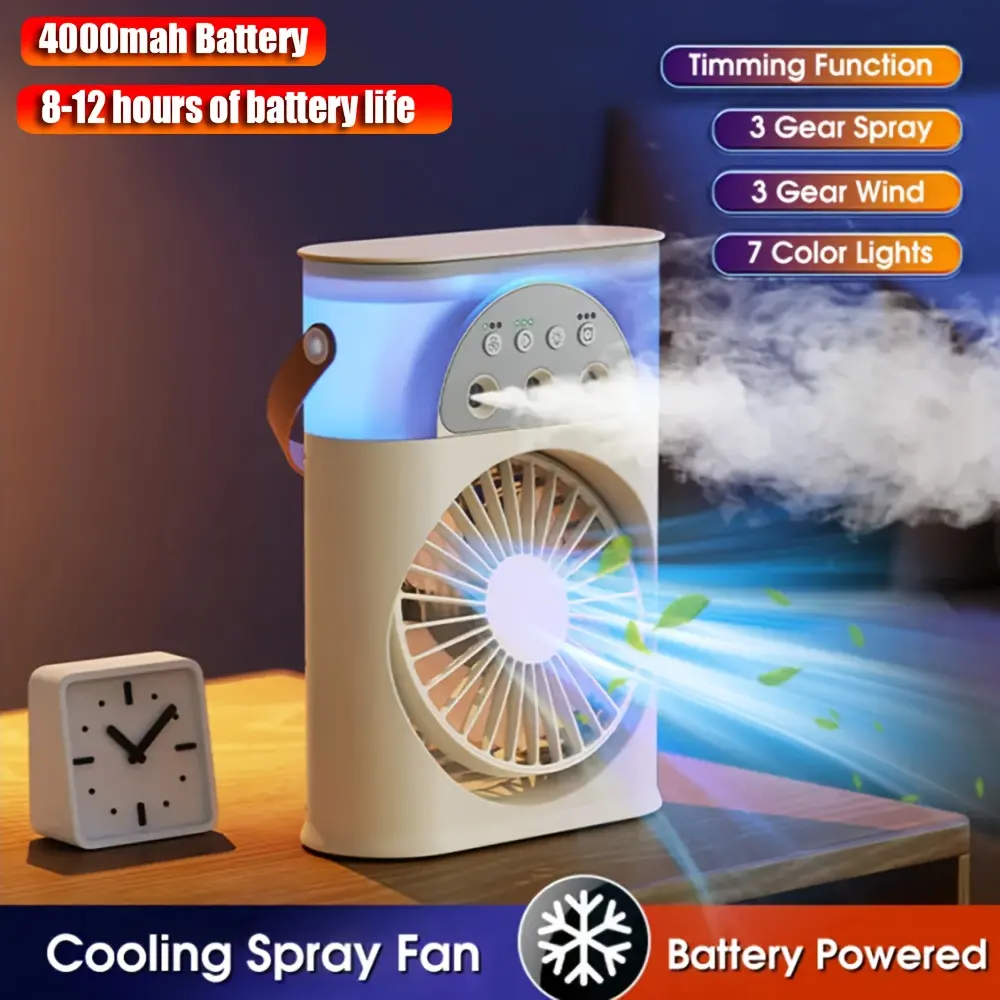 2024 4000mah Rechargeable 8 Hour Battery Life Portable Fan Air Conditioners Electric Fan Household Small Air Cooler LED Night Light Water 3 in 1 Air Humidifie for Home