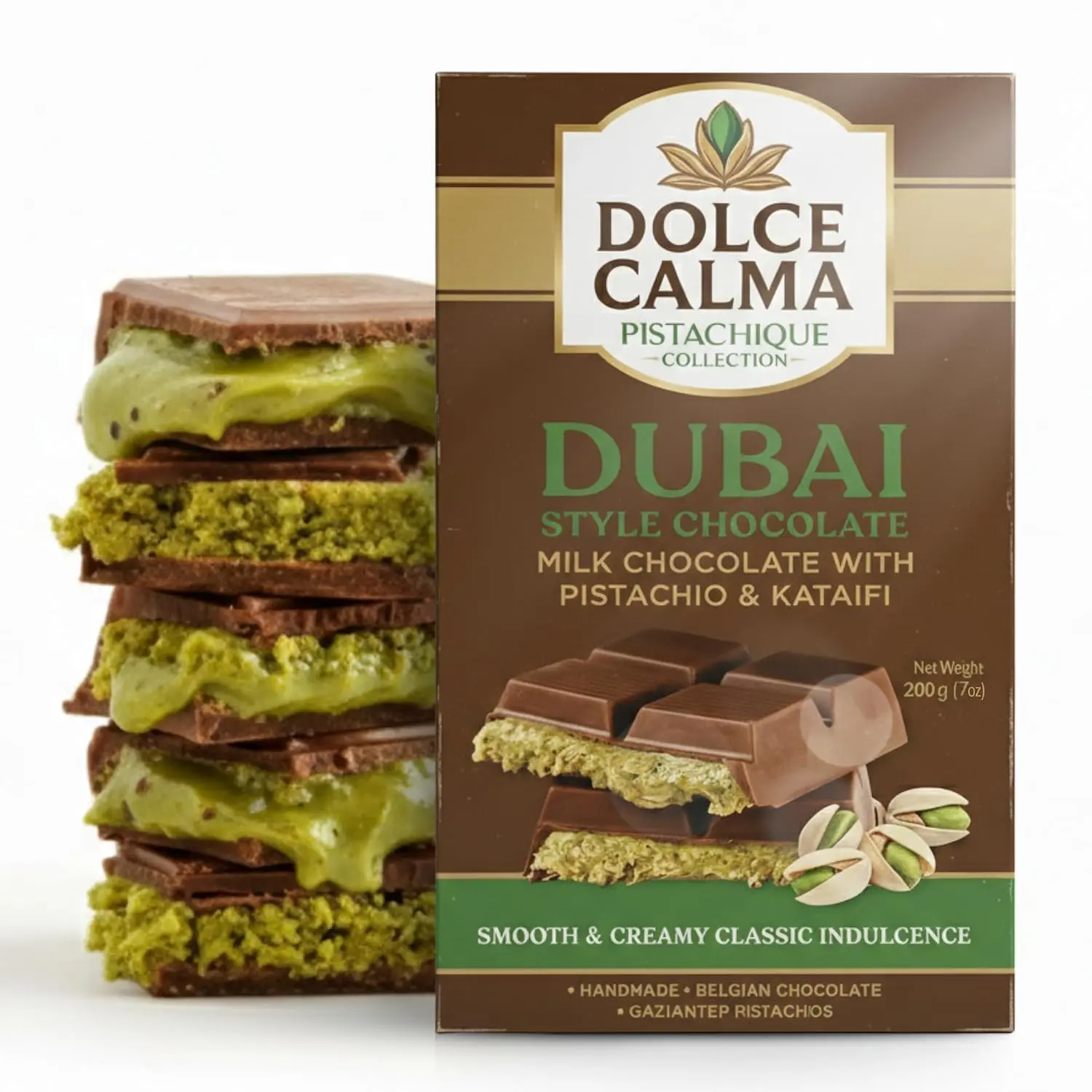 Dolce Calma Milk Chocolate Bar (200g/7oz) - Authentic Handmade Belgian Chocolate with Turkish Pistachio, Crispy Kataifi Kunafa Filling, No Palm Oil, Ships with 2 Ice Gel Packs Caramel Bonbon