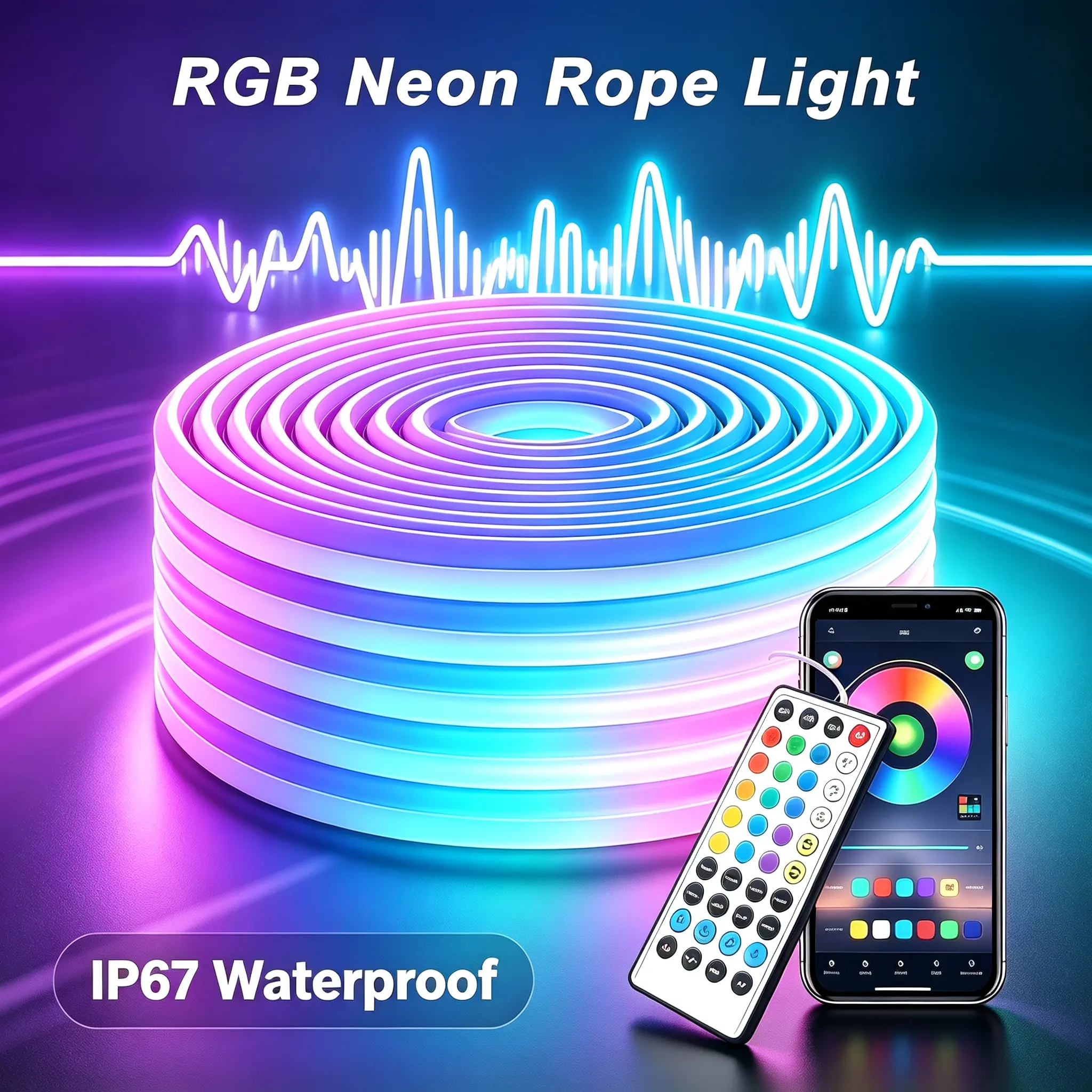 50FT RGB Neon Rope Lights, IP67 Waterproof LED Strip Lights with 40-Key Remote Control, Music Sync, DIY Design, Multiple Modes for Bedroom, Holiday Decoration