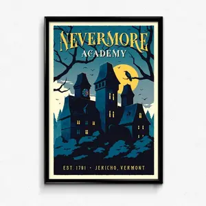 Nevermore Academy Retro Travel Poster - Wednesday Addams Wall Decor Artwork Gifts