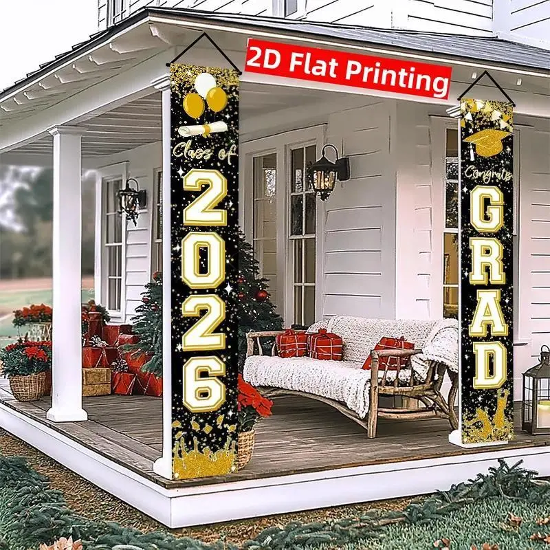 2026 Graduation Banner - Black and Gold Plastic Polyester Door Porch Logo Banner, 2-Piece Wrinkle-Resistant Weatherproof 2D Decor, 12x70.8in (30x180cm), No Electricity Required, High School Celebration Supplies