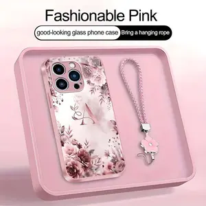 Rose Floral Art 26 letter Phone Case, Suitable for [iPhone 14 Pro Max] high-end women's, Lanyard a beautiful four-leaf clover lanyard is included🍀 952