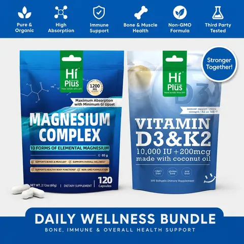 HiPlus Anxiety support combo Magnesium Complex,Vitamin D3 & K2 Stack for Sleep, Bones & Immune Health.Gluten-Free, Vegan, Non-GMO & Gelatin-Free