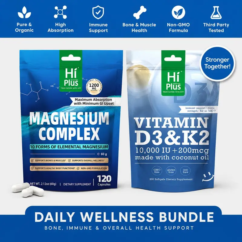 HiPlus Anxiety support combo Magnesium Complex,Vitamin D3 & K2 Stack for Sleep, Bones & Immune Health.Gluten-Free, Vegan, Non-GMO & Gelatin-Free