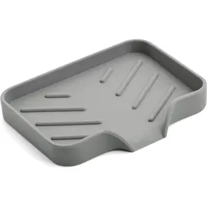 Sponge Holder with Drain Spout, Silicone Sponge Tray for Kitchen Sink, Rubber Soap Dish for Shower Bathroom (Grey, 4.7" x 3.6")