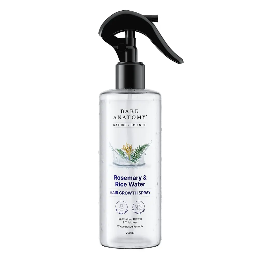 Bare Anatomy Nature x Science Rosemary Water Spray for Hair Growth & Hair Thickness with Rice Water |100% Natural Extract | Soft & Smooth Hair| Controls Hairfall| Non-Greasy & Fast Absorbing | 200ml