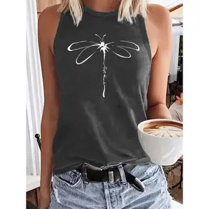 Women's dragonfly printed round neck top, summer casual sleeveless vest, women's daily clothing, socksRAIMENTRY