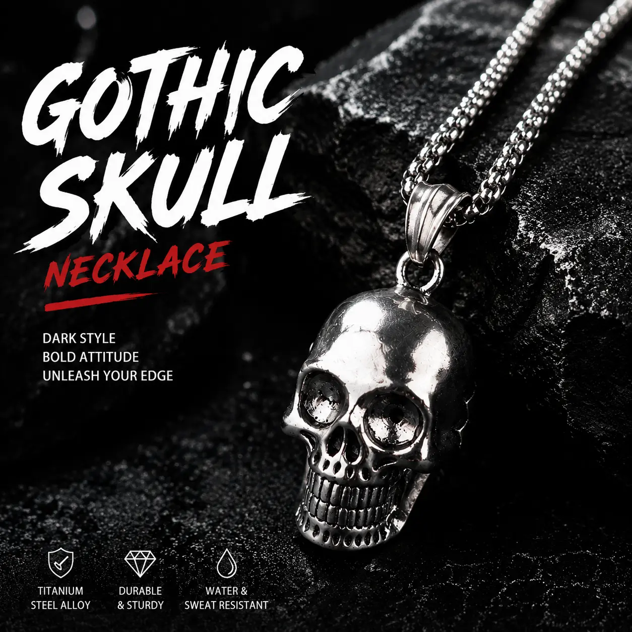 Gothic Skull Necklace for Men, Punk Rock Statement Jewelry, Dark Streetwear Pendant Chain, Biker Style Accessories, Cool Gift