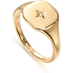 14K Gold Plated Engraved Signet Ring with North Star |   Lightweight Thick Statement Rings for Women |   Everyday Jewelry