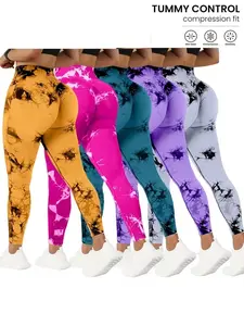 Set of 5 High-Waisted Yoga Pants for Women with Tummy Control, Summer Tie-Dye Fitness Leggings, Stretchy Running Tights for Peach Lift Workouts, Available in Various Colors