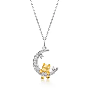 Jeulia Cute Cartoon Bear Moon and Star Sterling Silver Necklace